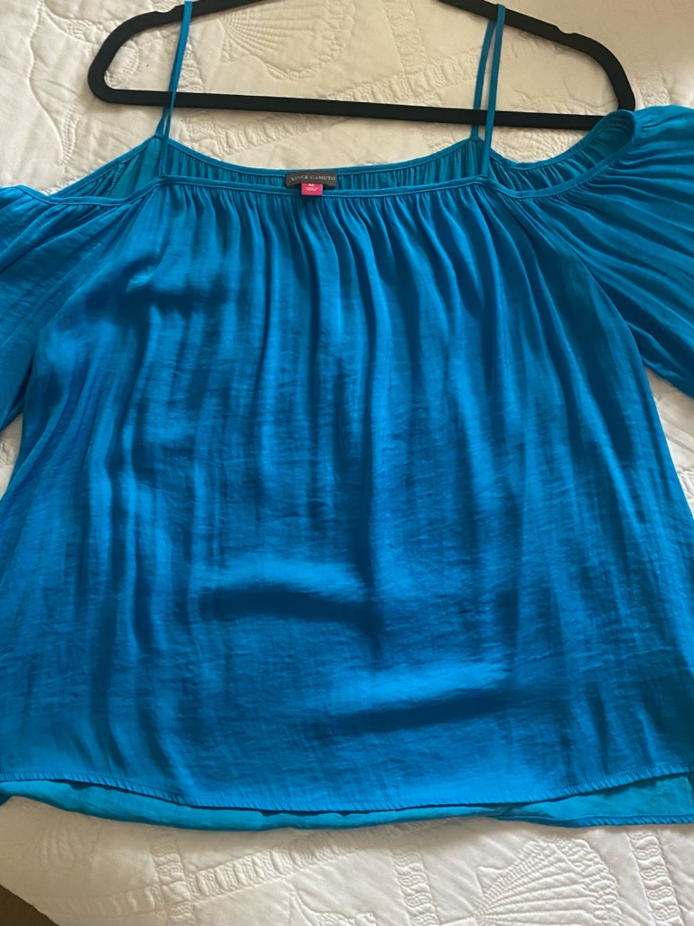 VINCE CAMUTO Cold Shoulder Peacock Blue Bell Sleeve Top